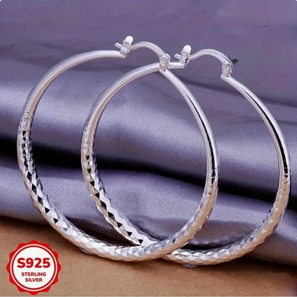 S925 Sterling Silver Diamond-Cut Hoop Earrings | 2” Classic Hoops - Picture 3 of 5